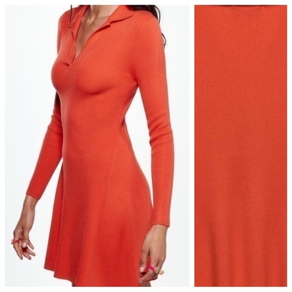 NWT. Zara Orange Knitted V-Neck Mini Dress. Size L. - Picture 3 of 12